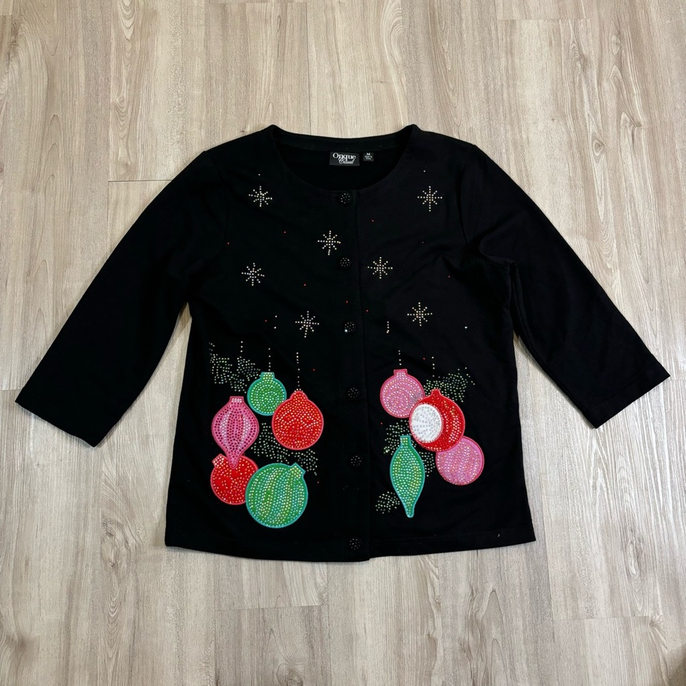 Onque Casuals Christmas Women Medium Black Button Up Cardigan Holiday Rhinestone